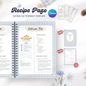 Pacote de modelos de páginas de receitas - Estilo Cottagecore, Estilo Fazenda, Azul, Verde, Rosa - Editável e Imprimível no Canva - Livro de Receitas Caseiro Personalizável
