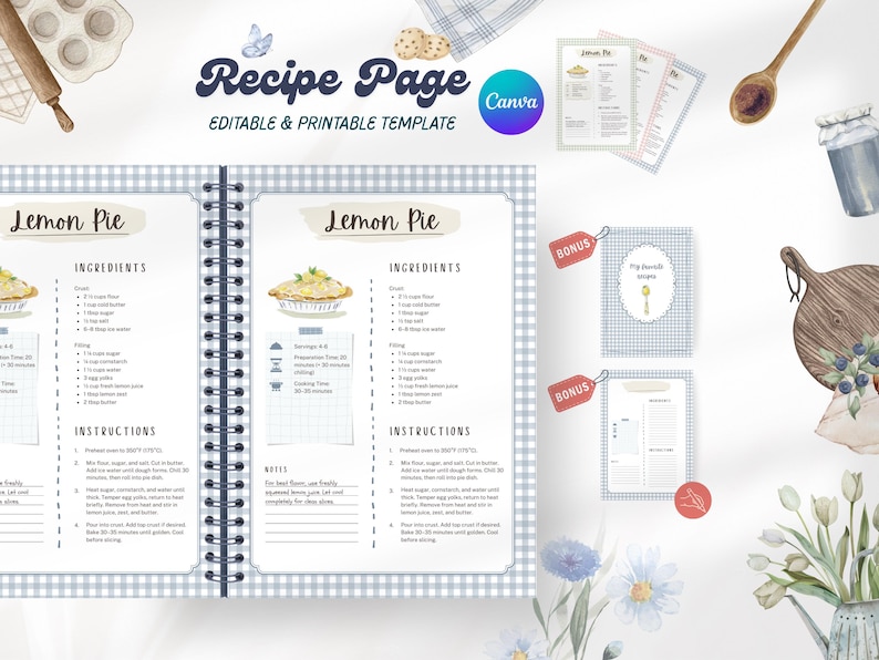Lot de modèles de page de recette - Cottagecore, style campagnard, bleu, vert, rose - éditable, imprimable sur toile - livre de cuisine maison personnalisable image 1