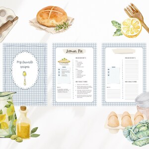 Peut inclure: Illustration &agrave; l'aquarelle d'articles de cuisine et de recettes. Comprend un rouleau &agrave; p&acirc;tisserie, un moule &agrave; muffins, des fiches de recettes, un pain, une fourchette en bois avec une tranche de citron, une cruche avec des citrons, une bouteille d'huile, des olives, des &oelig;ufs et des tasses.