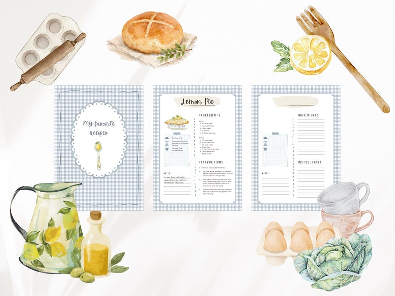 Peut inclure: Illustration &agrave; l'aquarelle d'articles de cuisine et de recettes. Comprend un rouleau &agrave; p&acirc;tisserie, un moule &agrave; muffins, des fiches de recettes, un pain, une fourchette en bois avec une tranche de citron, une cruche avec des citrons, une bouteille d'huile, des olives, des &oelig;ufs et des tasses.