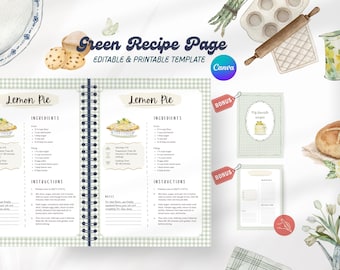 Peut inclure: Une maquette de page de recette de style aquarelle avec un motif vichy vert. Le cahier ouvert affiche une recette de "Tarte au citron" avec ingrédients et instructions. Inclut un rouleau à pâtisserie, des moules à pâtisserie et une étiquette "Bonus".