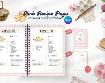 Peut inclure: Un modèle de page de recettes rose avec le texte "Pink Recipe Page EDITABLE & PRINTABLE TEMPLATE". Le cahier ouvert présente une recette de "Lemon Pie" avec ingrédients et instructions. Des fiches de recettes et des ustensiles de cuisine supplémentaires sont également visibles.