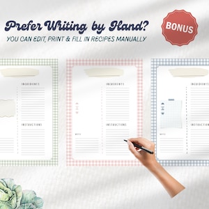 Peut inclure: Trois mod&egrave;les de recettes avec des bordures vichy vertes, roses et bleues. Chaque mod&egrave;le comporte des sections pour les ingr&eacute;dients, les instructions et les notes. Le texte "Prefer Writing by Hand?" et "You can edit, print & fill in recipes manually" sont affich&eacute;s.