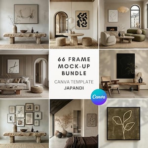 May include: A selection of interior design mockups in neutral tones and Japandi style. The images display framed art, furniture, and decorative items. Text on the image reads "66 FRAME MOCK-UP BUNDLE CANVA TEMPLATE JAPANDI".