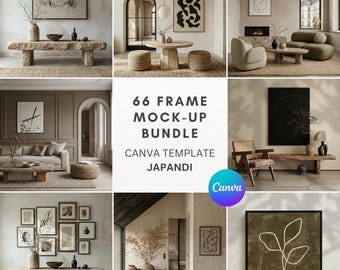 Peut inclure: Plusieurs maquettes de design d'intérieur aux tons neutres et de style Japandi. Les images présentent des œuvres d'art encadrées, des meubles et des éléments décoratifs. Le texte sur l'image indique "66 FRAME MOCK-UP BUNDLE CANVA TEMPLATE JAPANDI".