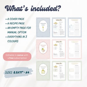 Peut inclure: Pages de recettes avec des motifs vichy bleus, roses et verts. Les pages comprennent une page de couverture, une page de recette et une page vierge pour les options manuelles. Le texte indique &laquo;&nbsp;What's included?&nbsp;&raquo; et &laquo;&nbsp;Editable in Canva with a free subscription&nbsp;&raquo;.