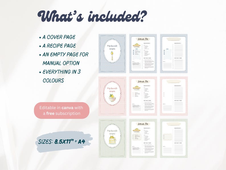 Peut inclure: Pages de recettes avec des motifs vichy bleus, roses et verts. Les pages comprennent une page de couverture, une page de recette et une page vierge pour les options manuelles. Le texte indique &laquo;&nbsp;What's included?&nbsp;&raquo; et &laquo;&nbsp;Editable in Canva with a free subscription&nbsp;&raquo;.