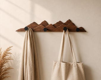 Mountain Coat Rack, Walnut Wall Hooks, Entryway Organizer, Minimalist Wooden Hanger, Scandinavian Decor