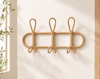 Boho Rattan Hooks, Japandi Coat Hanger, Entryway Organizer, Wicker Storage