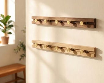 Perchero de madera de haya y nogal, ganchos de latón móviles, organizador de entrada, ganchos de pared flotantes minimalistas