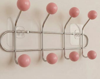 Pink Mid Century Modern Metal Wall Hook Rack, Pastel Ball Hooks, Entryway Organizer