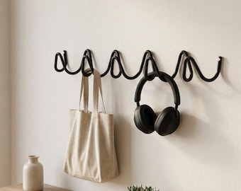 Modern Wavy Wall Hooks, Black Iron Coat Rack, Zigzag Organizer, Minimalist Entryway Storage