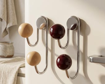Magnetic Wood Ball Hooks, No Drill Organizer Set, Scandinavian Design