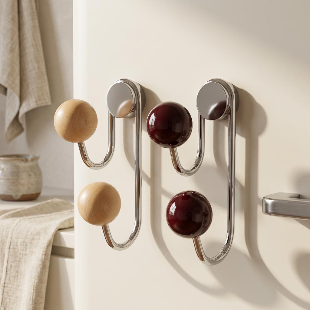Magnetic Wood Ball Hooks, No Drill Organizer Set, Scandinavian Design