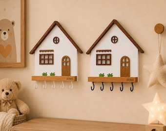 Decorative Key Holder, House Shaped Entryway Organizer, Wooden Wall Hooks