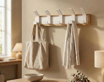 Mid Century Modern White Wood Coat Rack, Entryway Organizer, Minimalist Wall Hooks