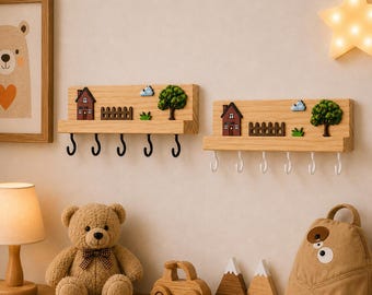 Wooden Wall Key Holder, Decorative Entryway Hooks, Farmhouse Key Organizer