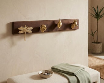 Decorative Animal Wall Hooks, Wooden Entryway Organizer, Gold Tone Metal Hooks