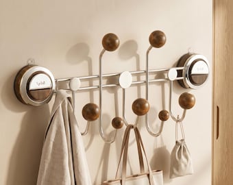 Modern Metal Wood Suction Cup Hook Rack – No Drill Organizer for Kitchen, Bathroom