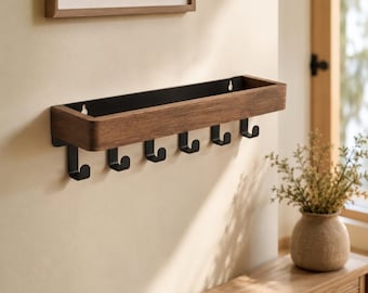 Wall Mounted Entryway Shelf With 6 Hooks, Modern Rustic Wood Key Rack, Mail Organizer