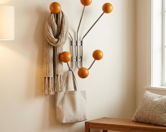 Mid Century Modern Coat Rack Wooden Ball Hooks Entryway Organizer Minimalist Wall Hanger
