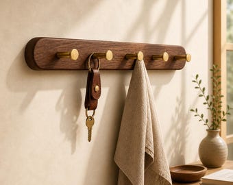 Solid Walnut Coat Rack – Minimalist Entryway Wall Hooks, Japandi Style Organizer