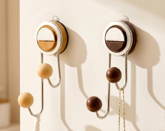 Metal Wood Suction Cup Hooks, No Drill Removable Organizer (Set of 2)