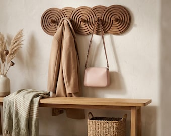 Wooden Wall Hooks, Modern Wave Design, Scandinavian Boho Organizer, Cedar Walnut Finish