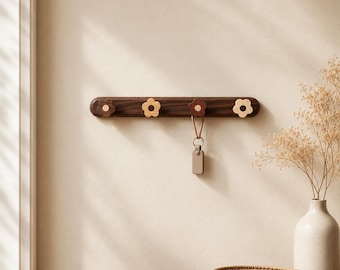 Walnut Coat Rack, Wooden Wall Hooks, Japandi Entryway Organizer, Floral Hook Rack