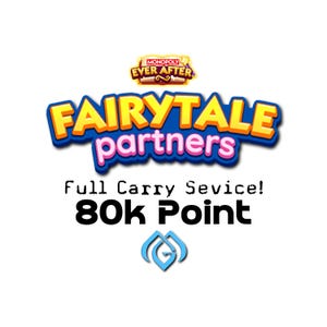 Peut inclure: Sur fond blanc, le logo Monopoly Ever After et l'inscription "FAIRYTALE partners" en bleu et jaune. En dessous, le texte indique "Full Carry Sevice! 80k Point". Un logo bleu et blanc est en bas.