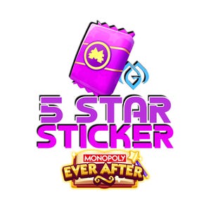 May include: A graphic for a Monopoly Ever After 5 Star Sticker. The sticker is purple with a yellow emblem. The Monopoly Ever After logo is at the bottom, with a gold border and a magic wand.