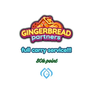 Może przedstawiać: Logo "Gingerbread Partners" z piernikowym domkiem i wzorem ciasteczek. Tekst "full carry service!!!" i "80k point" znajdują się poniżej. Na dole znajduje się niebiesko-białe logo.