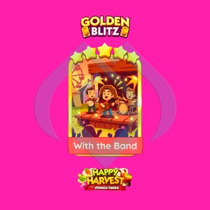 May include: A rectangular game card featuring a cartoon band on a wooden stage with the text Golden Blitz at the top, With the Band in the centre, and Happy Harvest with Looney Tunes at the bottom, all set against a solid bright pink background.