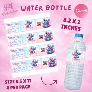 A product preview showcasing a print layout for water bottle labels. On the left, a sheet features four rectangular labels with Stitch and Angel graphics, a QR code, and the text "Thank you for coming to my party." On the right, a mockup bottle displays the label. Text reads "8.2 x 2 inches" and "Size 8.5 x 11, 4 per page."