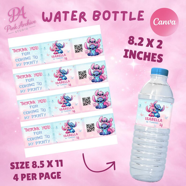 A product preview showcasing a print layout for water bottle labels. On the left, a sheet features four rectangular labels with Stitch and Angel graphics, a QR code, and the text "Thank you for coming to my party." On the right, a mockup bottle displays the label. Text reads "8.2 x 2 inches" and "Size 8.5 x 11, 4 per page."