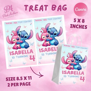 Product listing graphic on a pink background displaying sizing specifications for a digital treat bag design. It shows a layout template sized 8.5 by 11 inches with "2 PER PAGE", an arrow pointing to a mockup of the assembled 5 by 8 inch gift bag, and a Canva logo. The template and bag feature a custom Stitch and Angel birthday design personalized for "ISABELLA IS TURNING 4".
