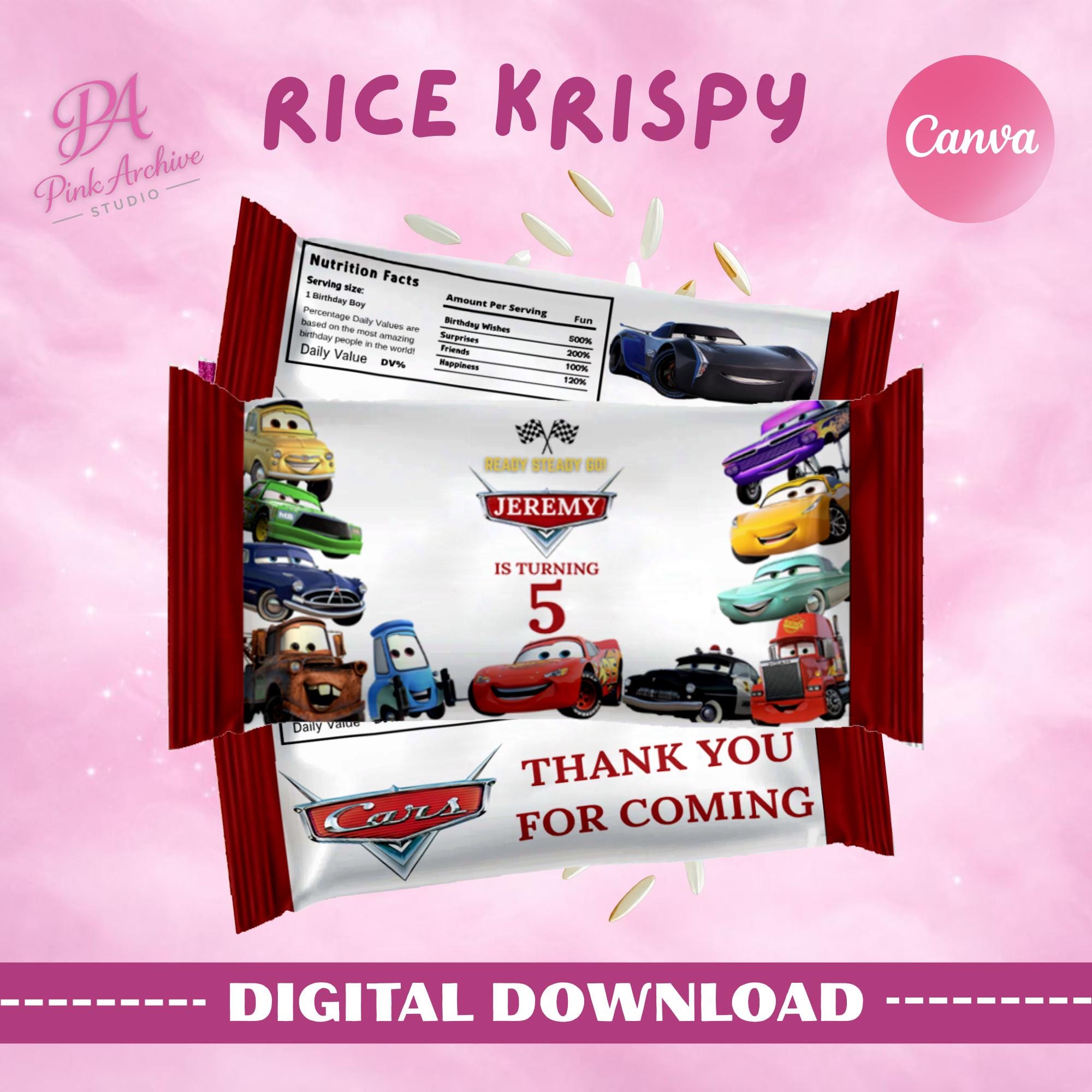 Cars Rice Printable Cars Rice Krispy Label Kids Birthday Party Favor Ca1 - Etsy