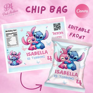 A product listing image showcasing the flat template design alongside a 3D mockup of the chip bag's front side. Text on the pink cloudy background reads "CHIP BAG" and "EDITABLE FRONT," with a pink Canva circle logo. The design features Stitch and Angel hugging, with the customizable text "ISABELLA IS TURNING 4" surrounded by butterflies.