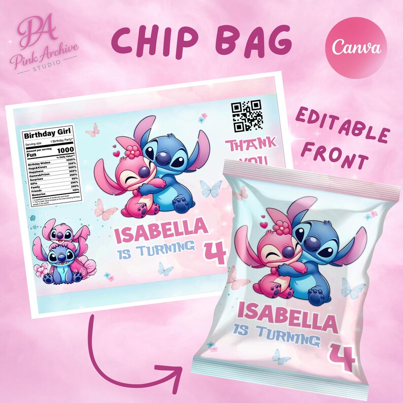 A product listing image showcasing the flat template design alongside a 3D mockup of the chip bag's front side. Text on the pink cloudy background reads "CHIP BAG" and "EDITABLE FRONT," with a pink Canva circle logo. The design features Stitch and Angel hugging, with the customizable text "ISABELLA IS TURNING 4" surrounded by butterflies.