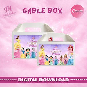 May include: Two white gable boxes with handles, featuring a princess theme. The boxes have a purple background with princess illustrations and text that reads "Princess Elizabeth 4th Birthday". The words "Gable Box" and "Digital Download" are also visible.
