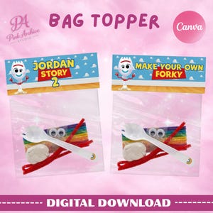 A pink-themed promotional image for a digital bag topper design. The left topper reads “Jordan Story 2” with a cartoon fork character on a blue sky background with clouds and a wooden floor. Below, a clear plastic bag contains craft items including a white spoon, googly eyes, rainbow sticks, red pipe cleaners, and clay.