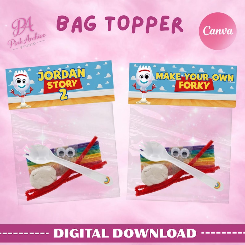A pink-themed promotional image for a digital bag topper design. The left topper reads “Jordan Story 2” with a cartoon fork character on a blue sky background with clouds and a wooden floor. Below, a clear plastic bag contains craft items including a white spoon, googly eyes, rainbow sticks, red pipe cleaners, and clay.