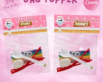 Etiqueta decorativa rosa para bolsa de Toy Story: Crea tu propio tenedor. Decoración de cumpleaños infantil ts1