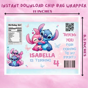 A template dimension diagram showing the flat layout of the chip bag wrapper against a pink background. Black arrows indicate the print dimensions: 11 inches wide by 8.5 inches high. The layout includes the back panels on the left and right sides, with the main "Isabella is turning 4" Stitch and Angel cover design centered in the middle.