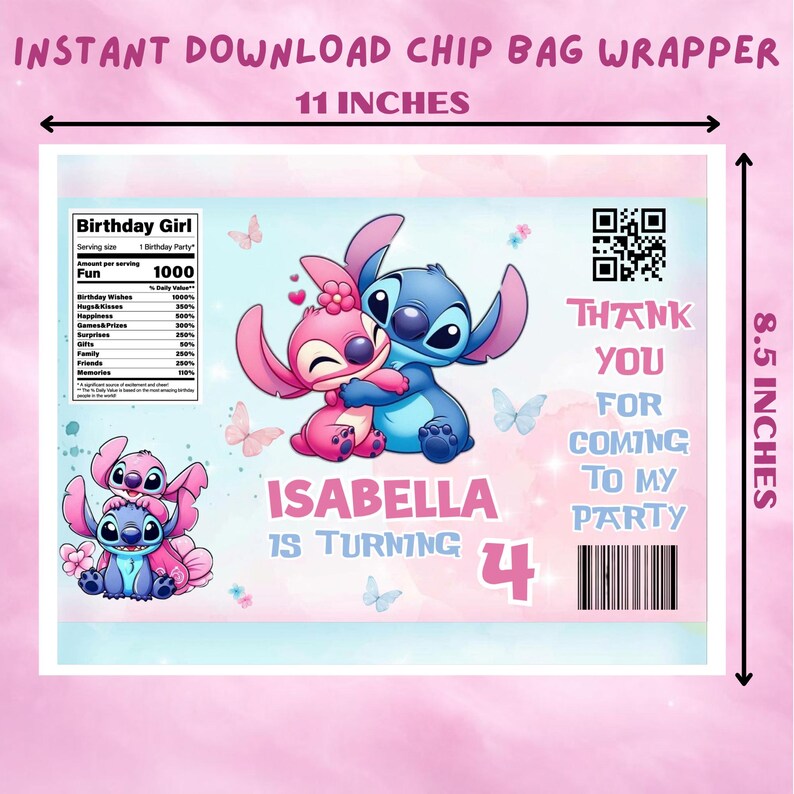A template dimension diagram showing the flat layout of the chip bag wrapper against a pink background. Black arrows indicate the print dimensions: 11 inches wide by 8.5 inches high. The layout includes the back panels on the left and right sides, with the main "Isabella is turning 4" Stitch and Angel cover design centered in the middle.
