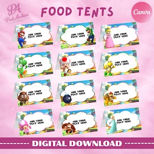Pode incluir: Conjunto de doze tendas de comida digitais com personagens de um videogame popular. Cada tenda tem uma área em forma de nuvem para texto personalizado. O design inclui o texto "FOOD TENTS" e "DIGITAL DOWNLOAD".