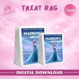 A promotional graphic for a "TREAT BAG" Canva template. Two white paper gift bags are shown with a "Frozen" theme featuring Elsa. The text on the bags reads "THANK YOU FOR COMING MADISON’S 6TH BIRTHDAY." The background is a soft pink cloud texture with the Pink Archive Studio and Canva logos. A bottom banner states "DIGITAL DOWNLOAD."