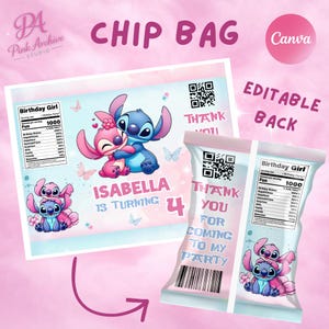 A product listing graphic displaying the flat template next to a 3D mockup of the chip bag's back panel. Bold text reads "EDITABLE BACK." The back design features a barcode, a QR code under "THANK YOU FOR COMING TO MY PARTY," and a playful "Birthday Girl" nutrition facts table listing party traits like happiness and surprises.