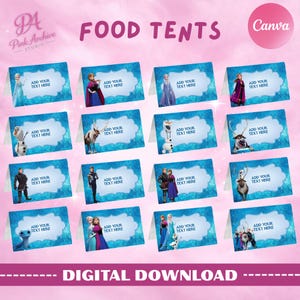 May include: Set of sixteen food tent cards with a blue and white snowflake design. Each card features a character from the movie Frozen and the text "ADD YOUR TEXT HERE". The words "FOOD TENTS" and "DIGITAL DOWNLOAD" are also visible.