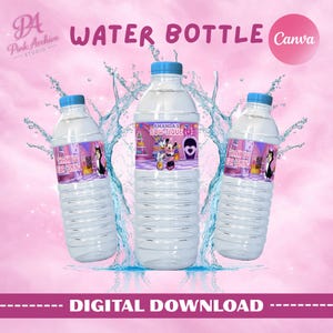 Product mockup featuring three clear plastic water bottles with custom "Minnie's Bow-tique" themed labels against a pink smoky background with water splashes. The labels are pink and purple, featuring Minnie Mouse, Daisy Duck, and Figaro. A pink circle in the corner says "Canva," and the Pink Archive Studio logo is in the top left. The bottom banner reads "DIGITAL DOWNLOAD."